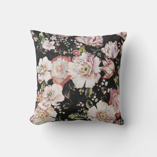 Coussin bohème chic rose pâle fleurs sombres floral (Recto)