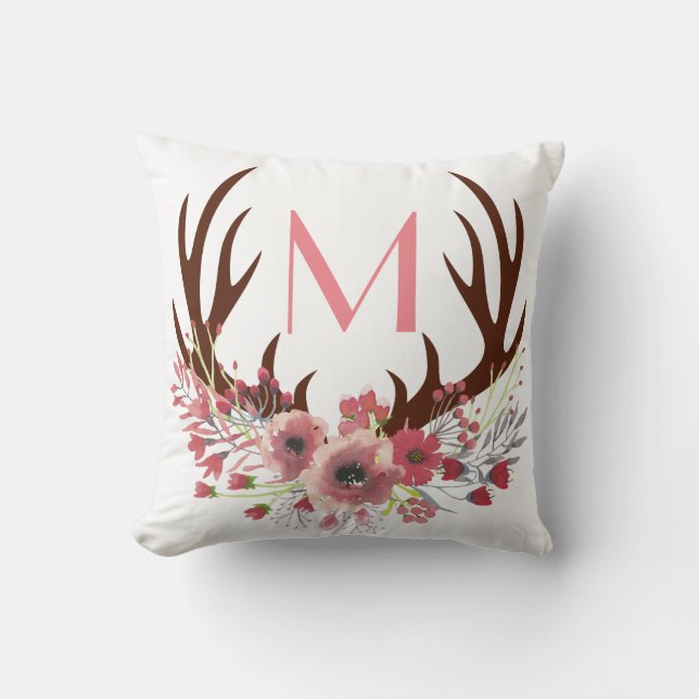 Coussin Bohème rustique Aquarelle Floral Deer Antlers (Recto)