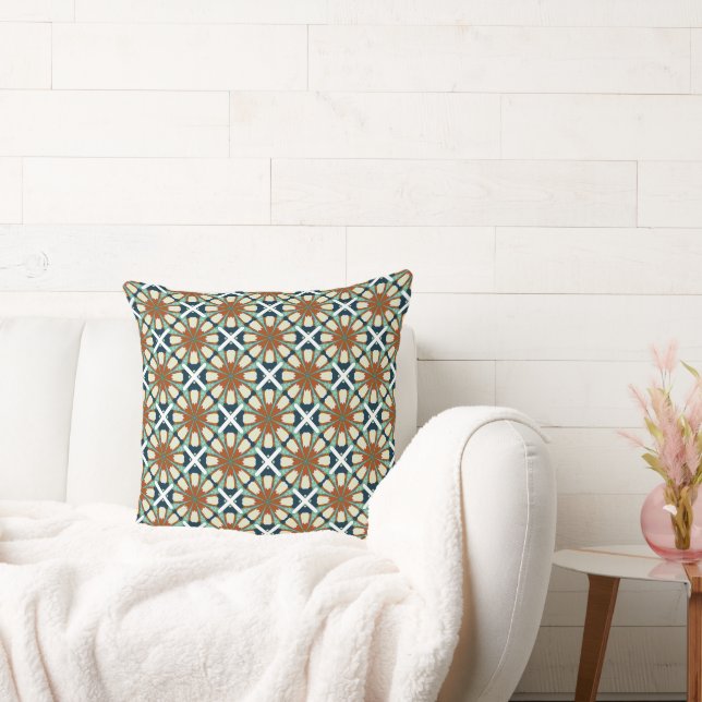 Coussin Bohemian Tile-Inspired Fabric with Rust, Teal, and (Canapé)