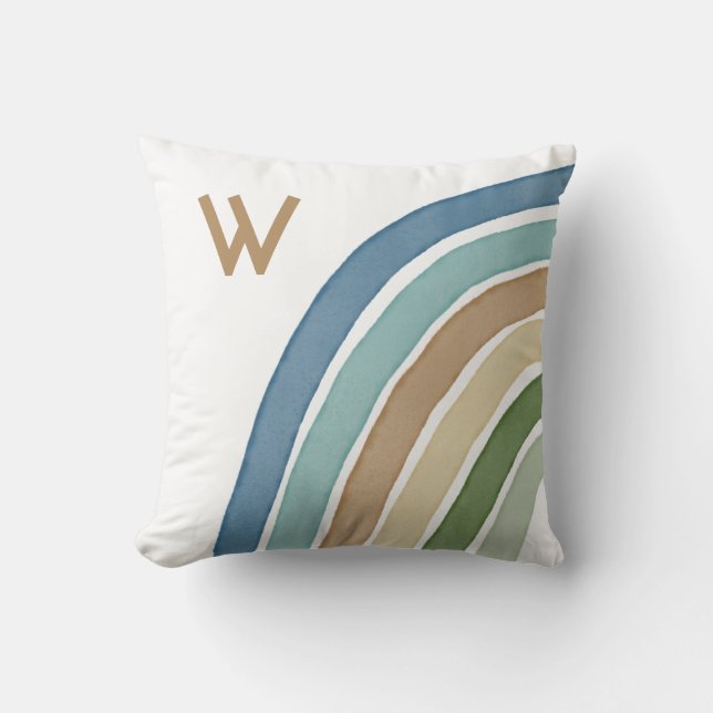 Coussin Boho Aquarelle arc-en-ciel Monogramme bleu moderne (Recto)