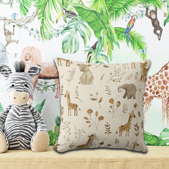 Coussin Boho Blanc Beige Jungle Animaux (Créateur téléchargé)