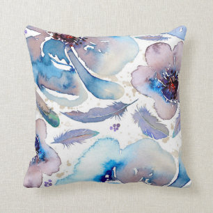 Coussin Boho Blue et Blush Moderne Floral Aquarelles