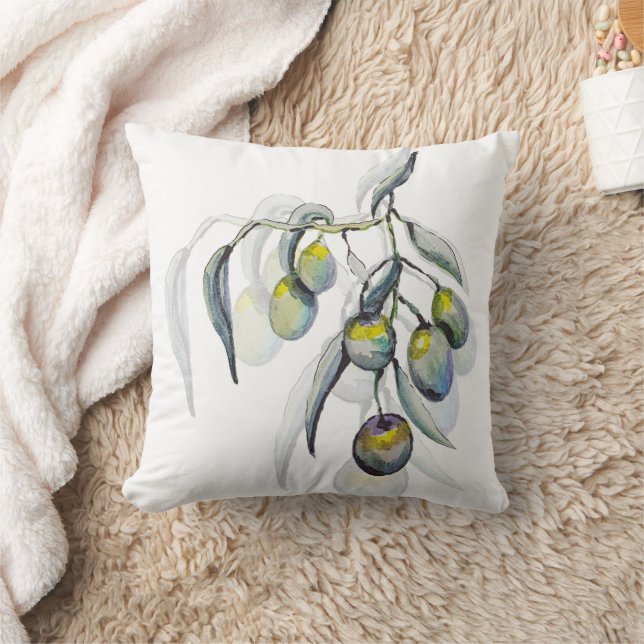 Coussin Boho Blue Olive Branch Aquarelle peinte à la main (Couverture)