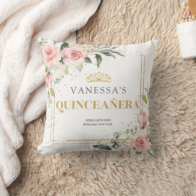 Coussin Boho Blush rose floral or tiara Quinceanera (Couverture)