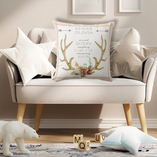 Coussin BOHO Bohemian Deer Antler Floral Baby Birth State (Créateur téléchargé)