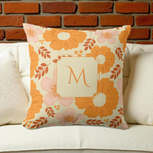 Coussin Boho Botanique Aquarelle Orange Jaune Floral