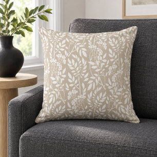 Coussin Boho Botanique Feuillage Blanc Beige