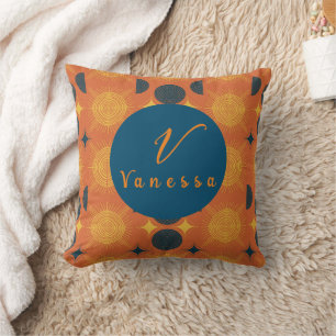 Coussin Boho Céleste Soleil Lune Orange Script Monogramme
