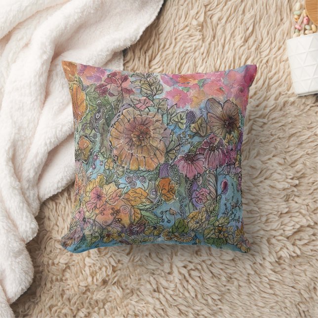 Coussin Boho Chic Flower Garden aquarelle peinture (Couverture)