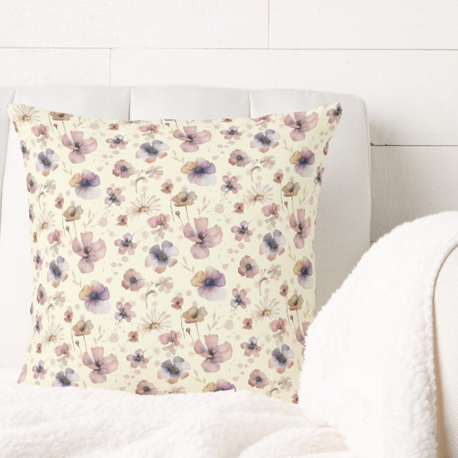 Coussin Boho Cream Blush Watercolor Wildflower (Créateur téléchargé)