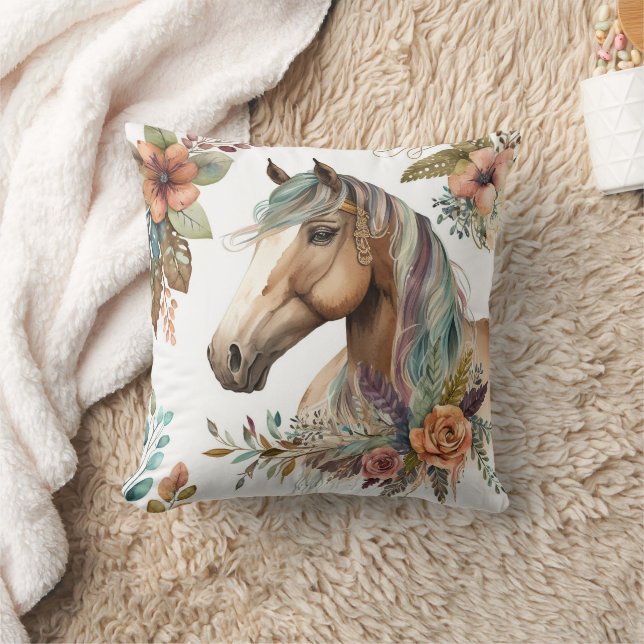 Coussin Boho de cheval d'aquarelle chute feuilles floraux (Couverture)