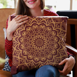 Coussin Boho Elegant Maroon Rouge et or Mandala