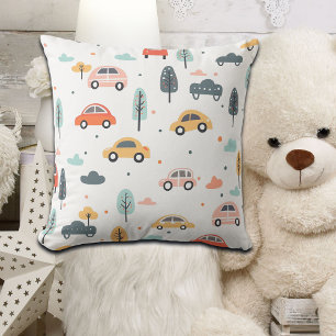 Coussin Boho Enfants Voitures, Arbres et Nuages Motif