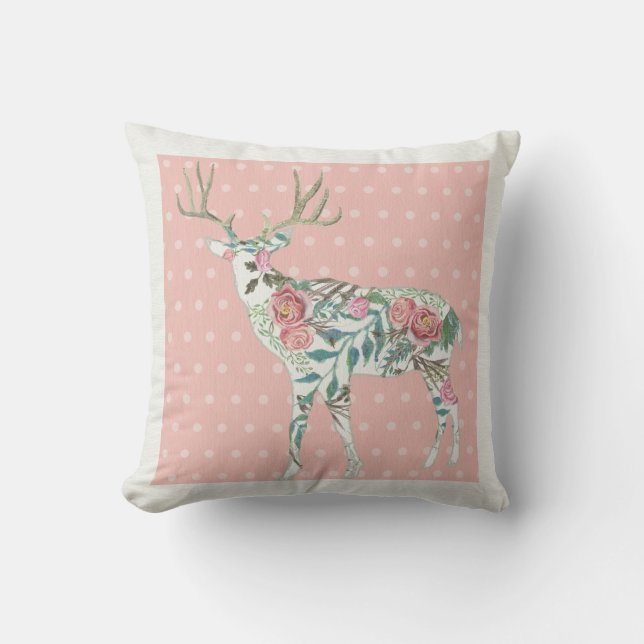 Coussin BOHO Floral Deer w Antlers Dot Motif n Flowers (Recto)
