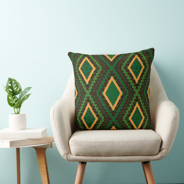 Coussin Boho Géométrique Vert Noir Et Or Style Tribal (Chaise)