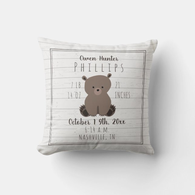 Coussin Boho Gray Wood Bear Cub Baby Boy Biry Stats (Recto)