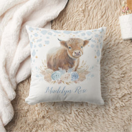 Coussin Boho Highland Cow Blue Gold Floral Baby Boy