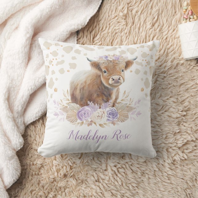 Coussin Boho Highland Vache Lavande Or Floral Baby Girl (Couverture)