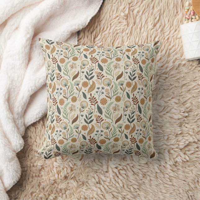 Coussin Boho Leaves Botanique Marron Vert Terracotta Beige (Couverture)