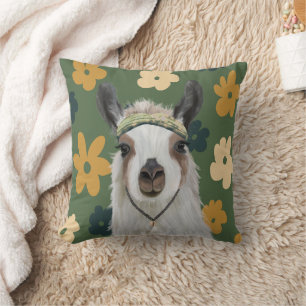 Coussin Boho Llama Green Retro Fleurs