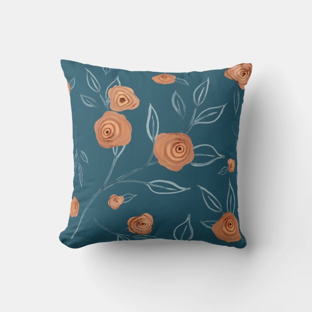 Coussin BOHO Moderne Floral Aquarelle Turquoise Peach Leaf (Recto)