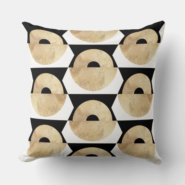 Coussin Boho noir blanc or motif géométrique (Recto)