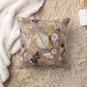 Coussin Boho noir blanc or pêche dessin de feuille fleur