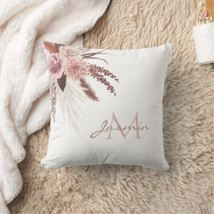 Coussin Boho Pampas Rose Grass Fleurs séchées Monogramme