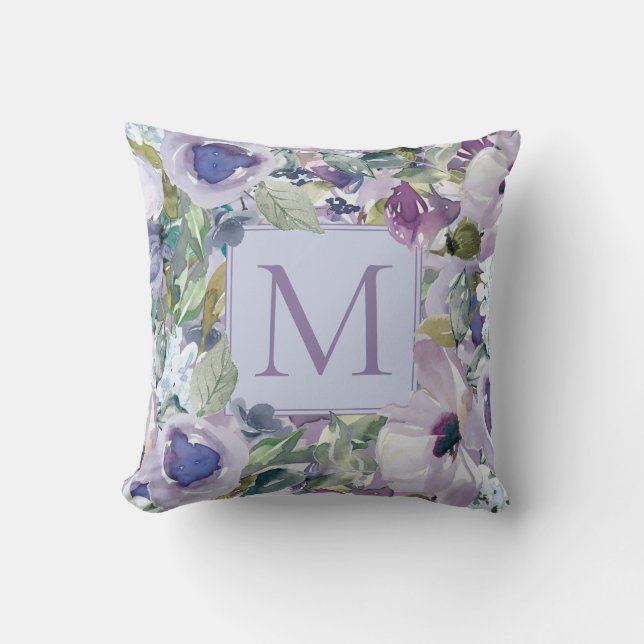 Coussin Boho Purple Dusty Bleu Aquarelle Monogramme Floral (Recto)
