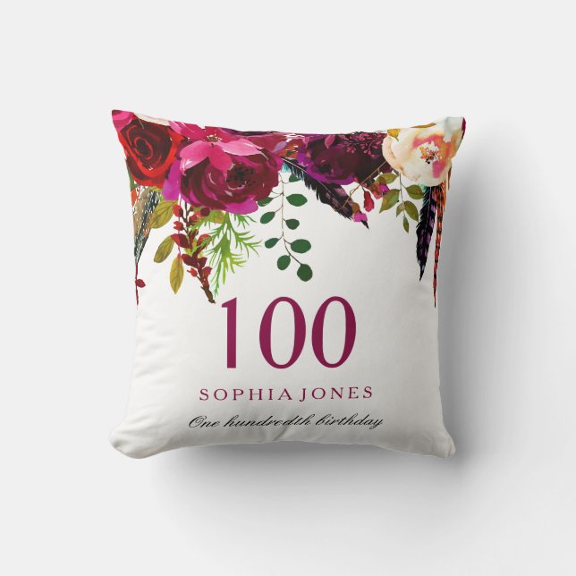 Coussin Boho rose et bordeaux Floral 100e anniversaire Cad (Recto)