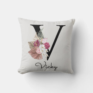 Coussin Boho rose monogramme Floral initial V