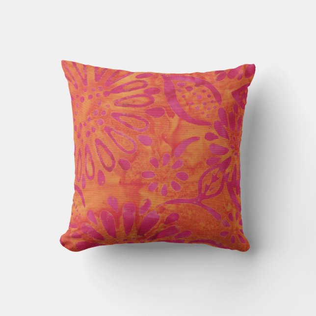 Coussin Boho rose orange Batik motif floral (Recto)