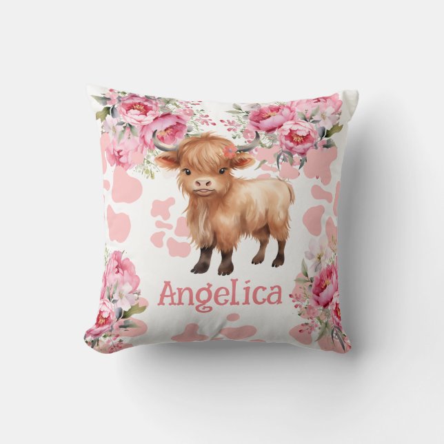 Coussin Boho Rose Vache Highland Enfants Lancer l'oreiller (Recto)
