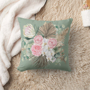 Coussin Boho rustique À feuillage persistant rose floral P