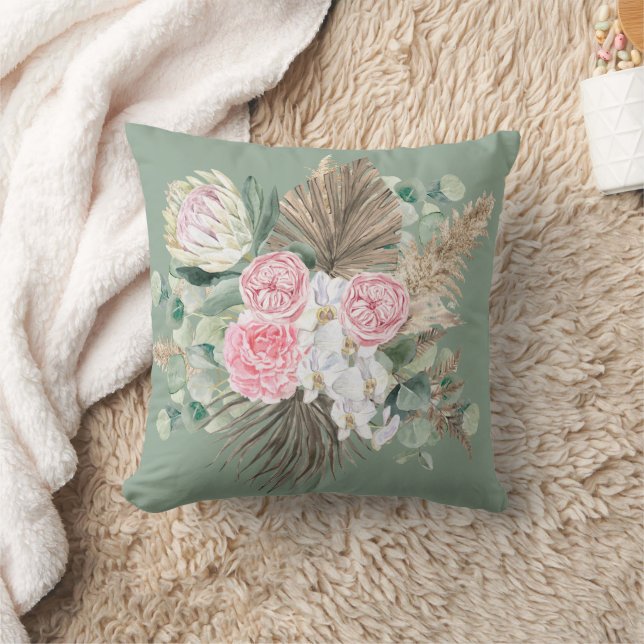 Coussin Boho rustique À feuillage persistant rose floral P (Couverture)