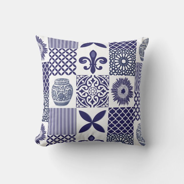 Coussin Boho Shabby Chic Sunflowers et carreaux marocains (Recto)