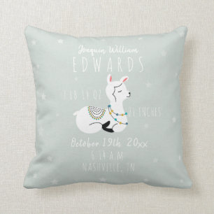 Coussin Boho Stars Llama Blue Boy Birth Stats Nursery