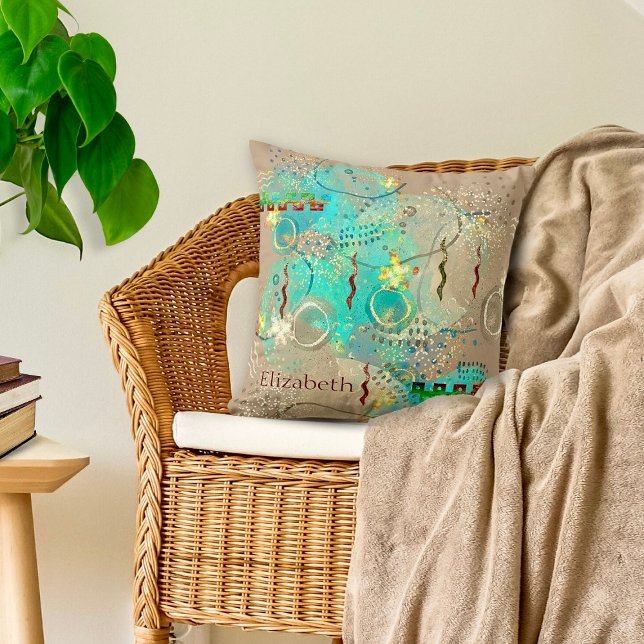 Coussin Boho Turquoise Et Golden Ancienne Sagesse (Transform your space with the tranquil hues of our Turquoise And Golden Ancient Wisdom Throw Pillow.)
