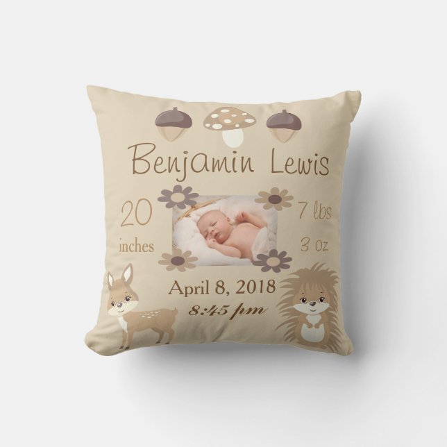 Coussin Bois Animaux Nursery Photo Baby Keepsaké (Recto)