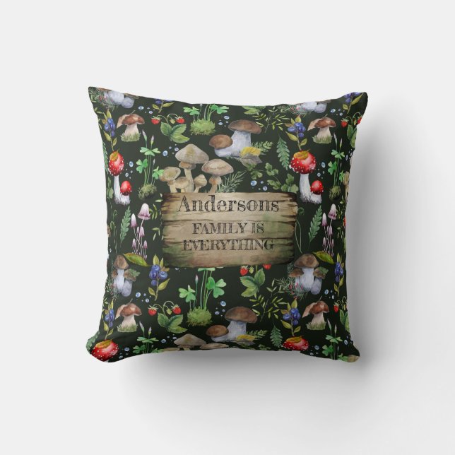 Coussin Bois Aquarelle Champignons Plantes verts Berries (Recto)