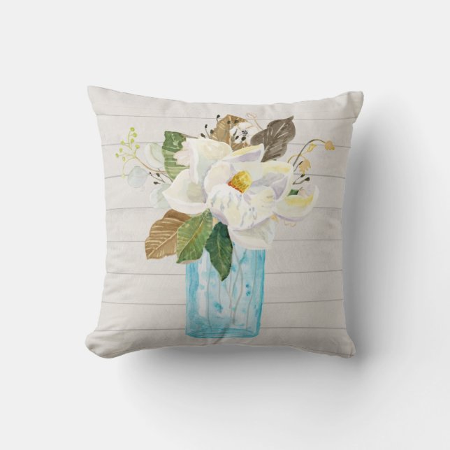 Coussin Bois blanc rustique Magnolia Floral Vase de Verre  (Recto)