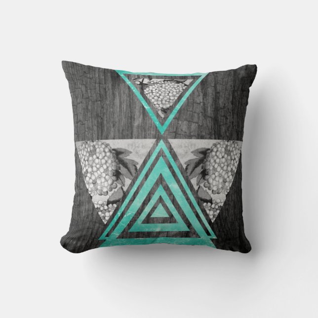 Coussin Bois floral géométrique turquoise (Recto)