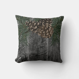 Coussin Bois gris fumé rustique et cône de pin