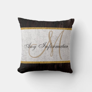 Coussin Bois look Burlap blanc Monogramme rustique