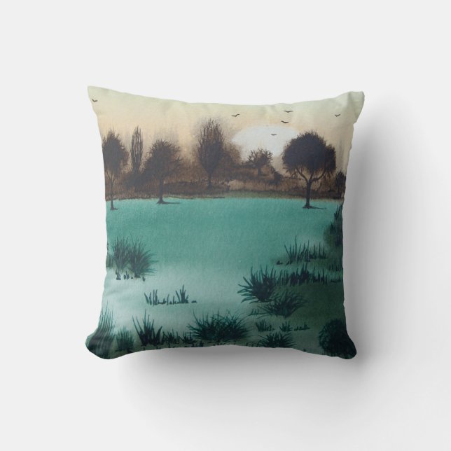 Coussin bois rustique automne Paysage coucher du soleil (Recto)