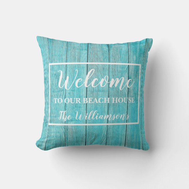 Coussin Bois Rustique Bienvenue À Notre Maison De Plage Pe (Recto)
