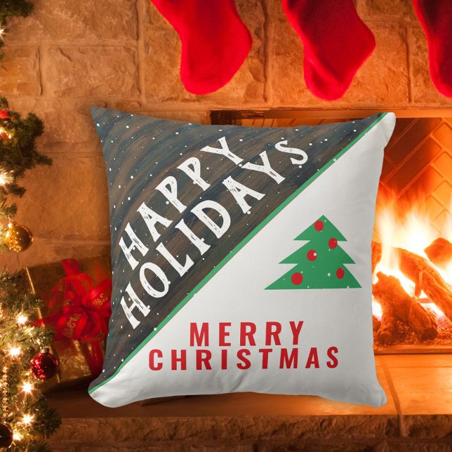 Coussin Bois rustique sapin de Noël Rouge Vert Vacances (Créateur téléchargé)