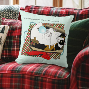 Coussin Boîte cadeau drôle de chat calico de Noël