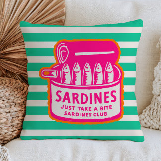 Coussin Boîte de sardines roses sur rayures vertes BOHO Co