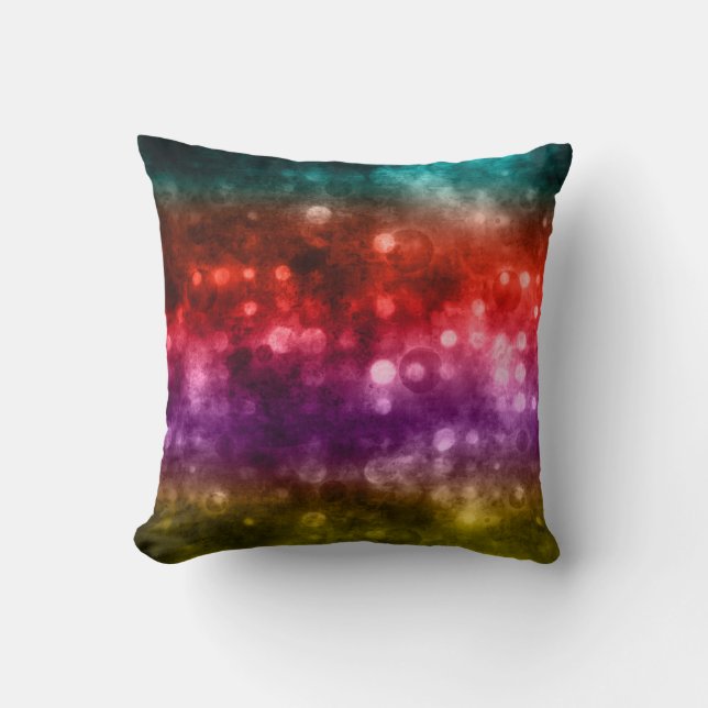 Coussin Bokeh design turquoise, rouge, violet et chartreus (Recto)